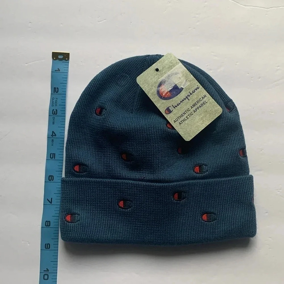 Champion Beanie Knit Hat Script Logo Blue Cuffed New - Picture 4 of 5
